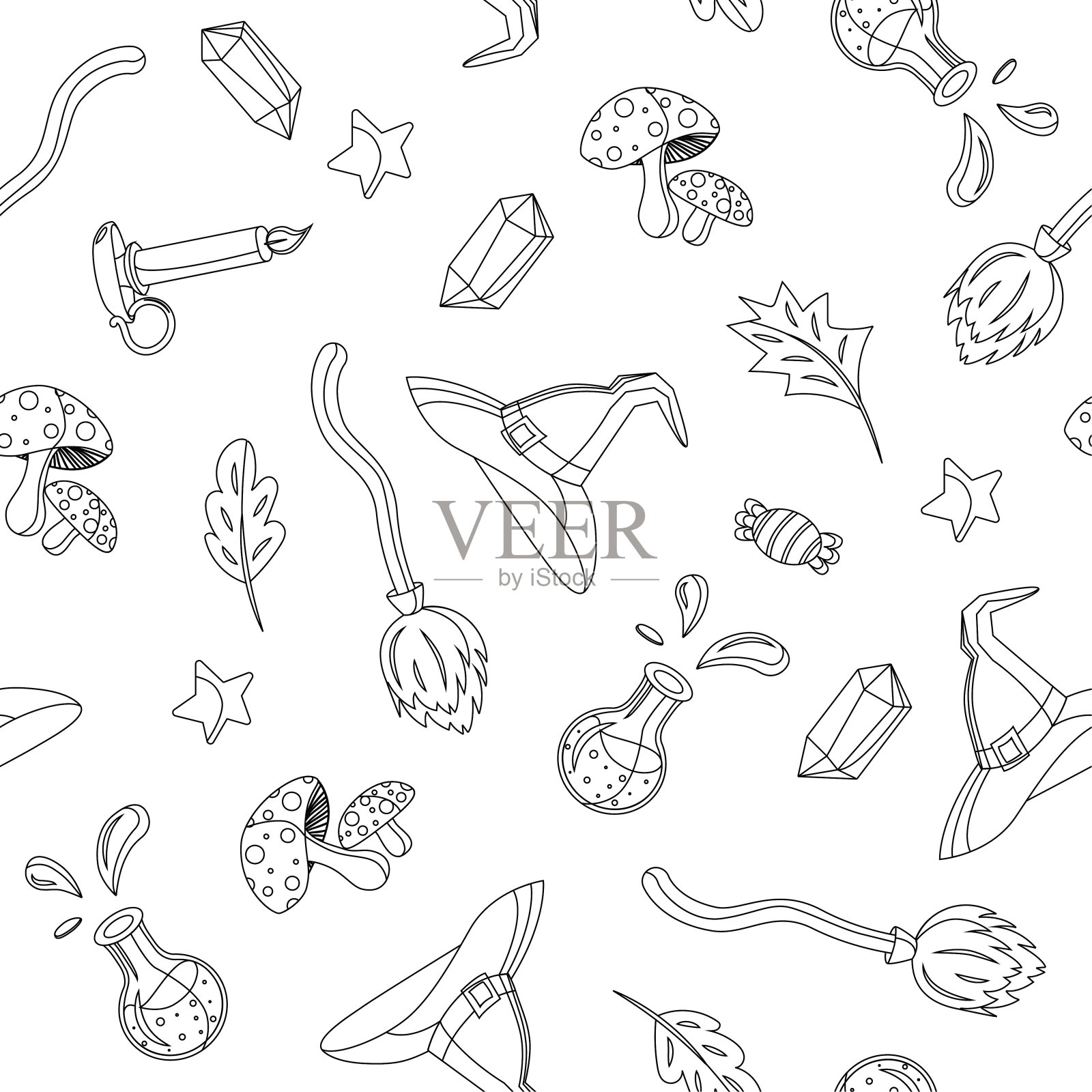 轮廓女巫配件无缝图案。万圣节快乐背景包装纸。矢量单色插图上的白色背景。插画图片素材