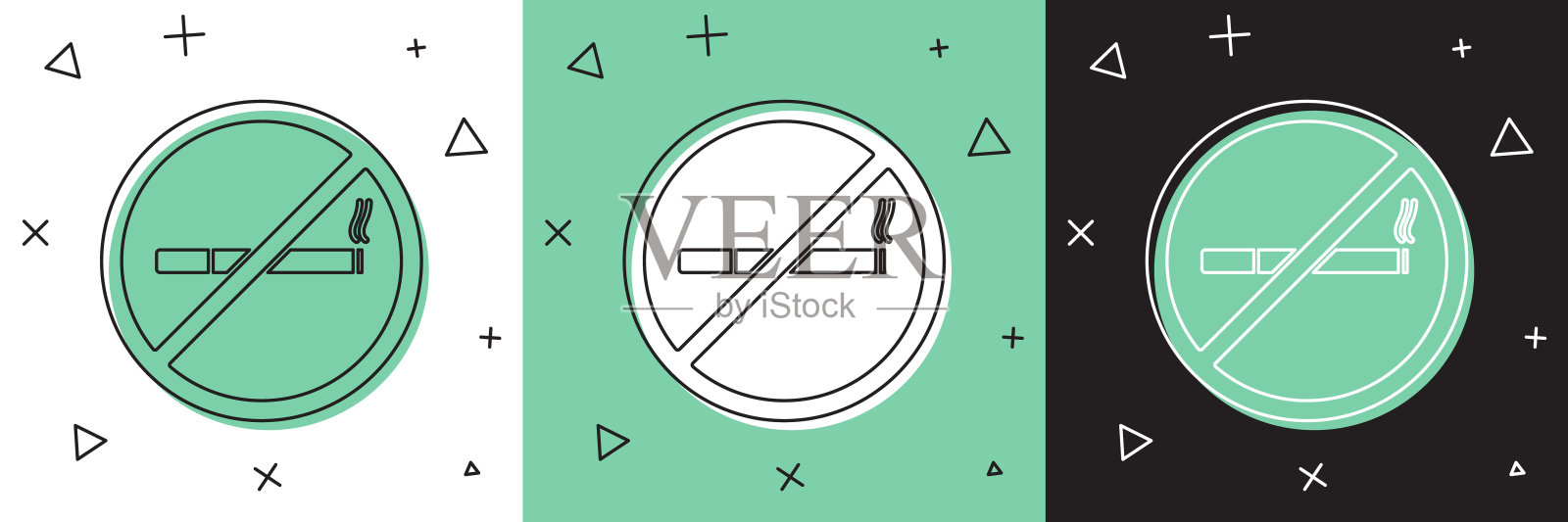 设置禁止吸烟图标隔离在白色和绿色，黑色背景上。香烟的象征。矢量图插画图片素材