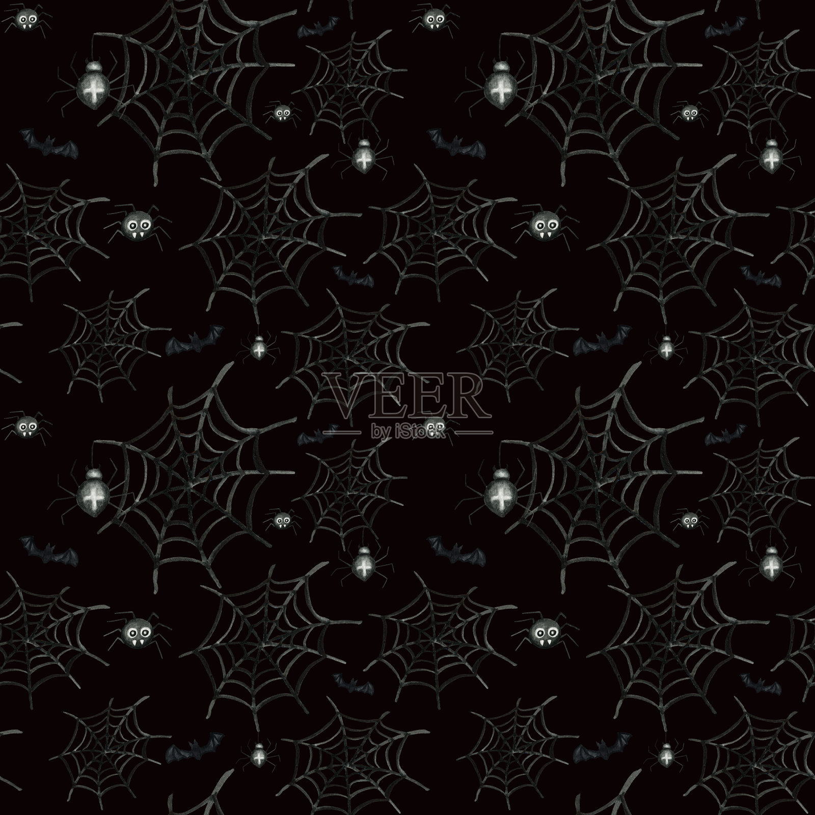 蝙蝠、蜘蛛、网无缝图案。水彩漫画插图织物，剪贴簿，纸设计在黑色的背景。万圣节的幽灵般的纹理。插画图片素材