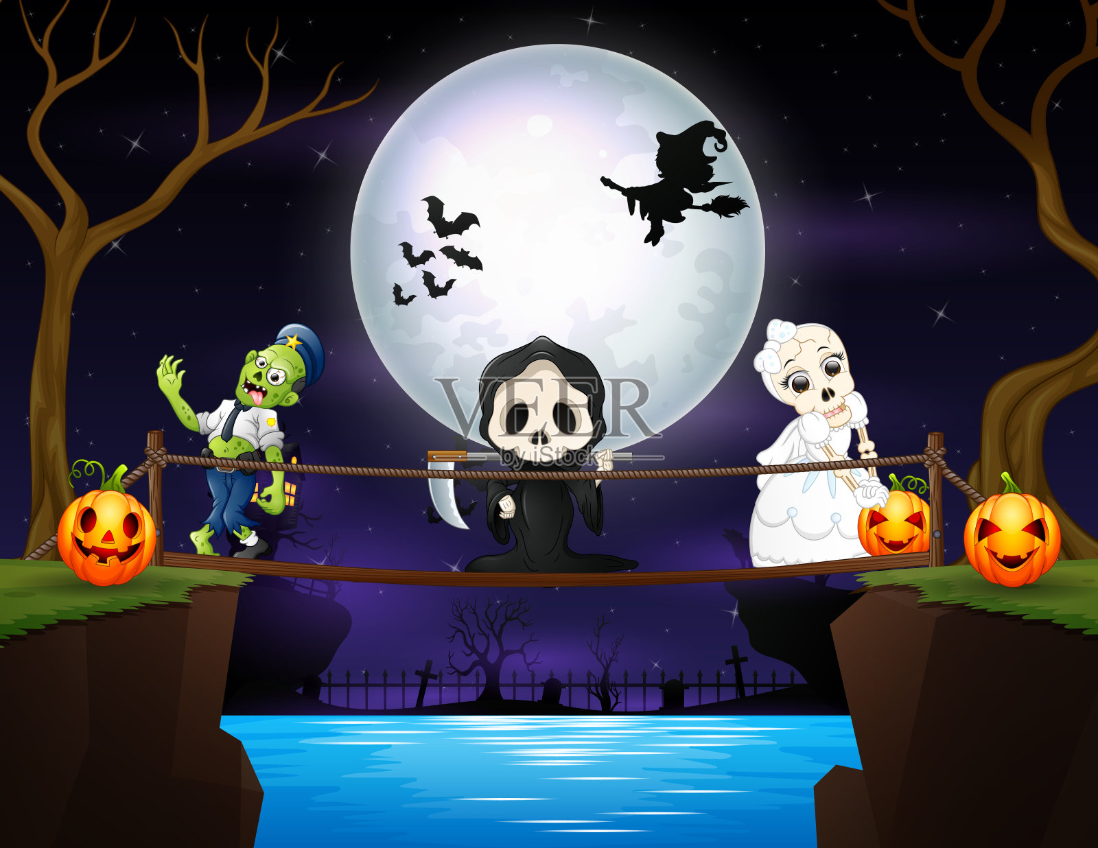 万圣节背景与有趣的卡通人物插画图片素材