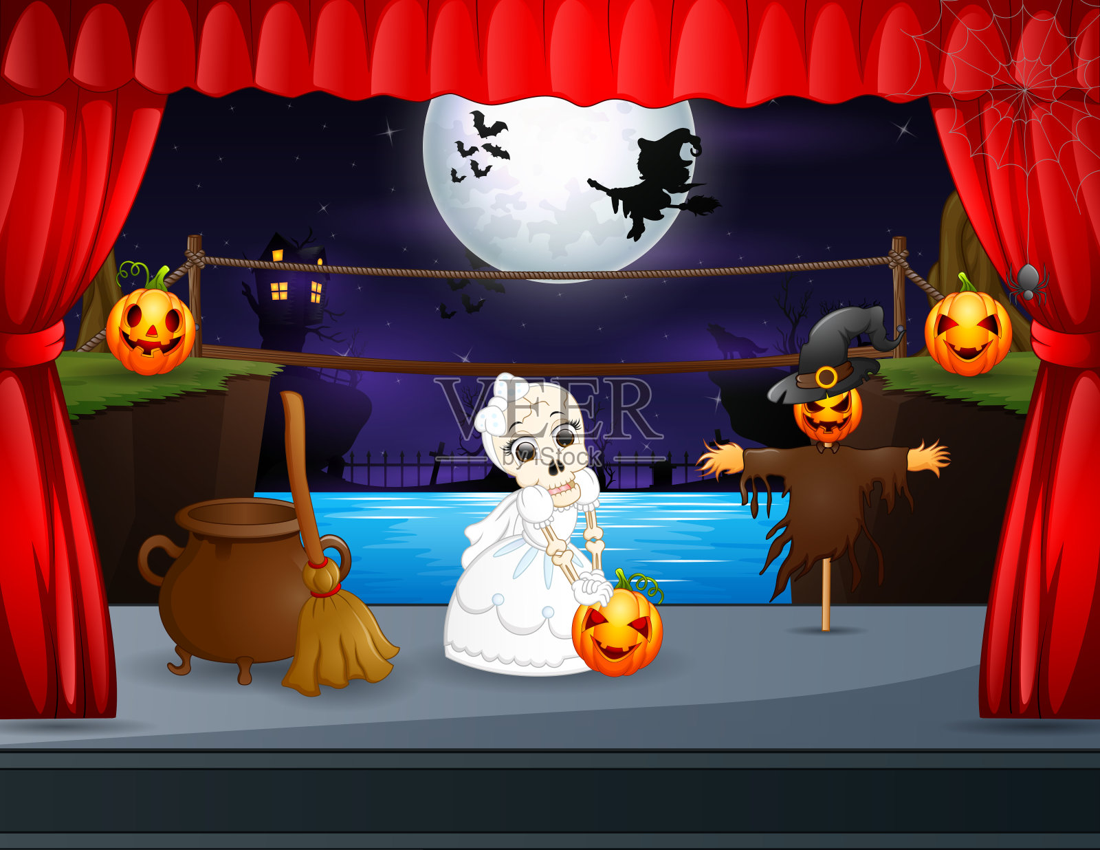 舞台上的骷髅新娘和稻草人插画图片素材