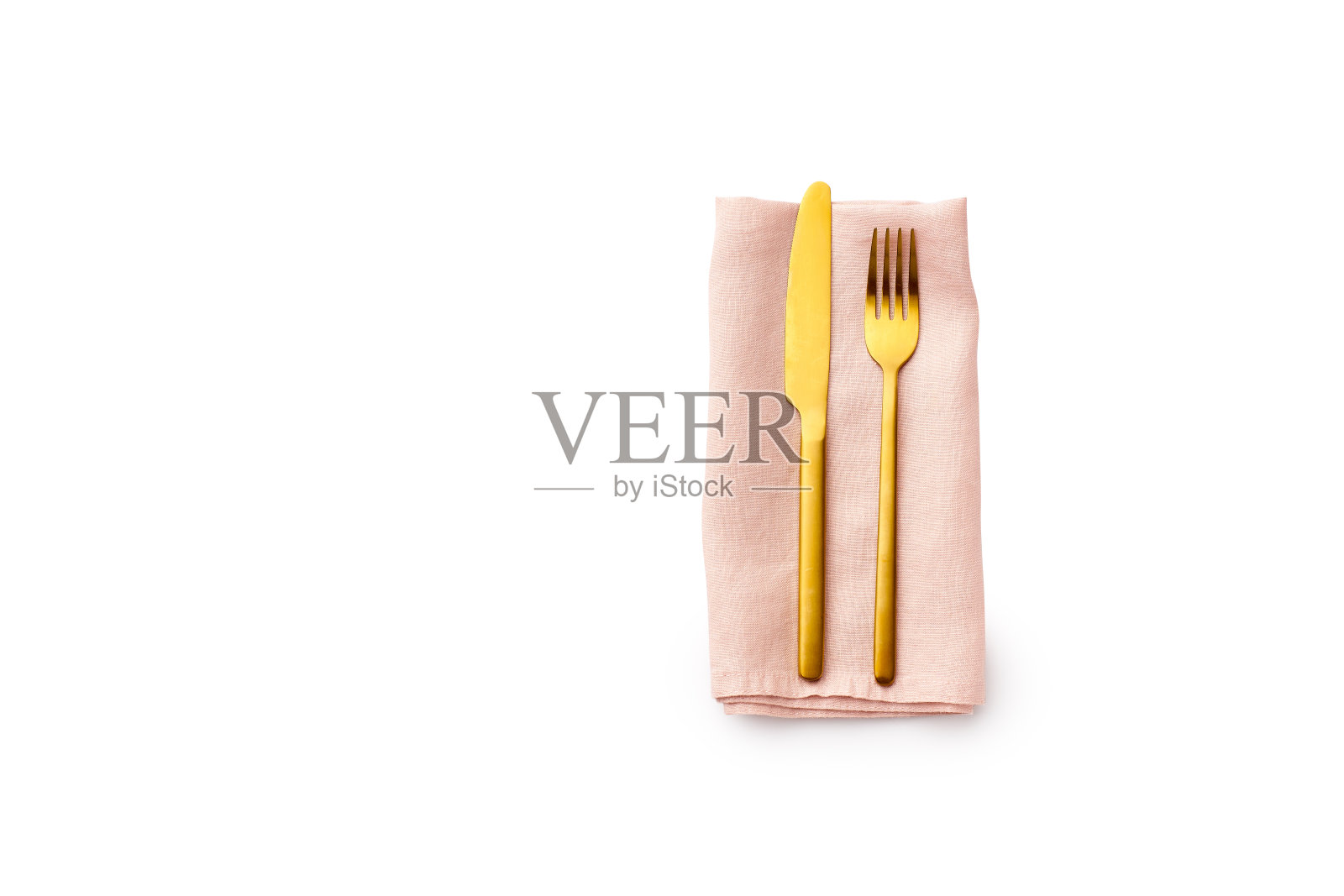 顶视图与金色餐具孤立在白色背景照片摄影图片