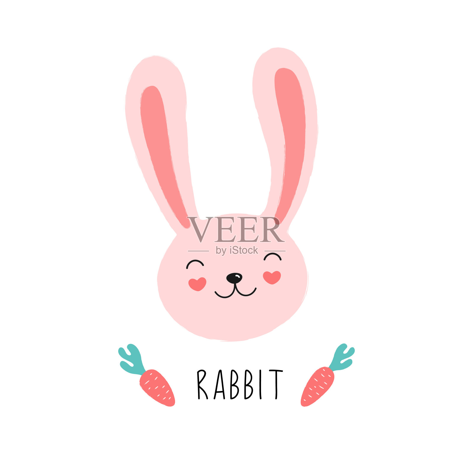可爱的粉红兔子脸，胡萝卜。卡通矢量字符孤立在白色背景上。设计元素图片