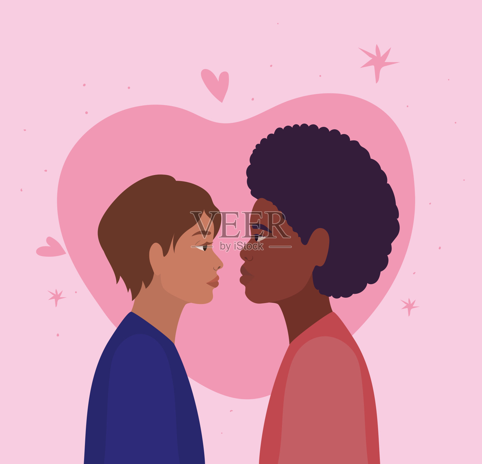 一对女人和男人在侧面的心矢量设计插画图片素材