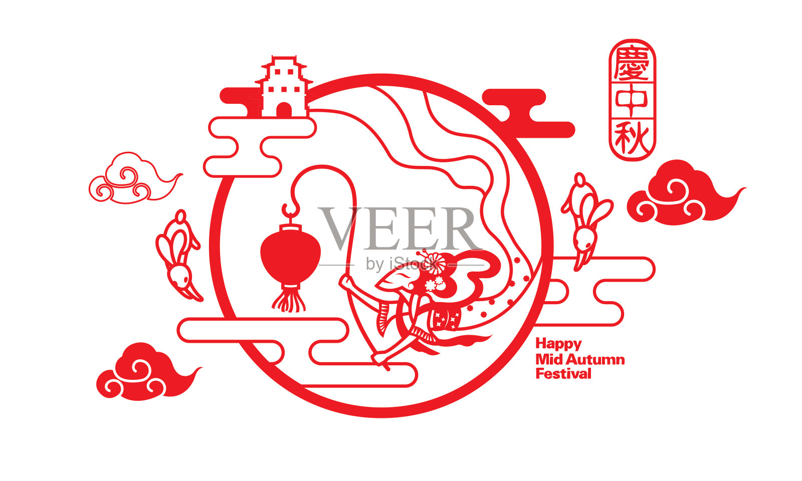 一个会飞的中国女神举着传统的灯笼，呈现出剪纸风格。插画图片素材