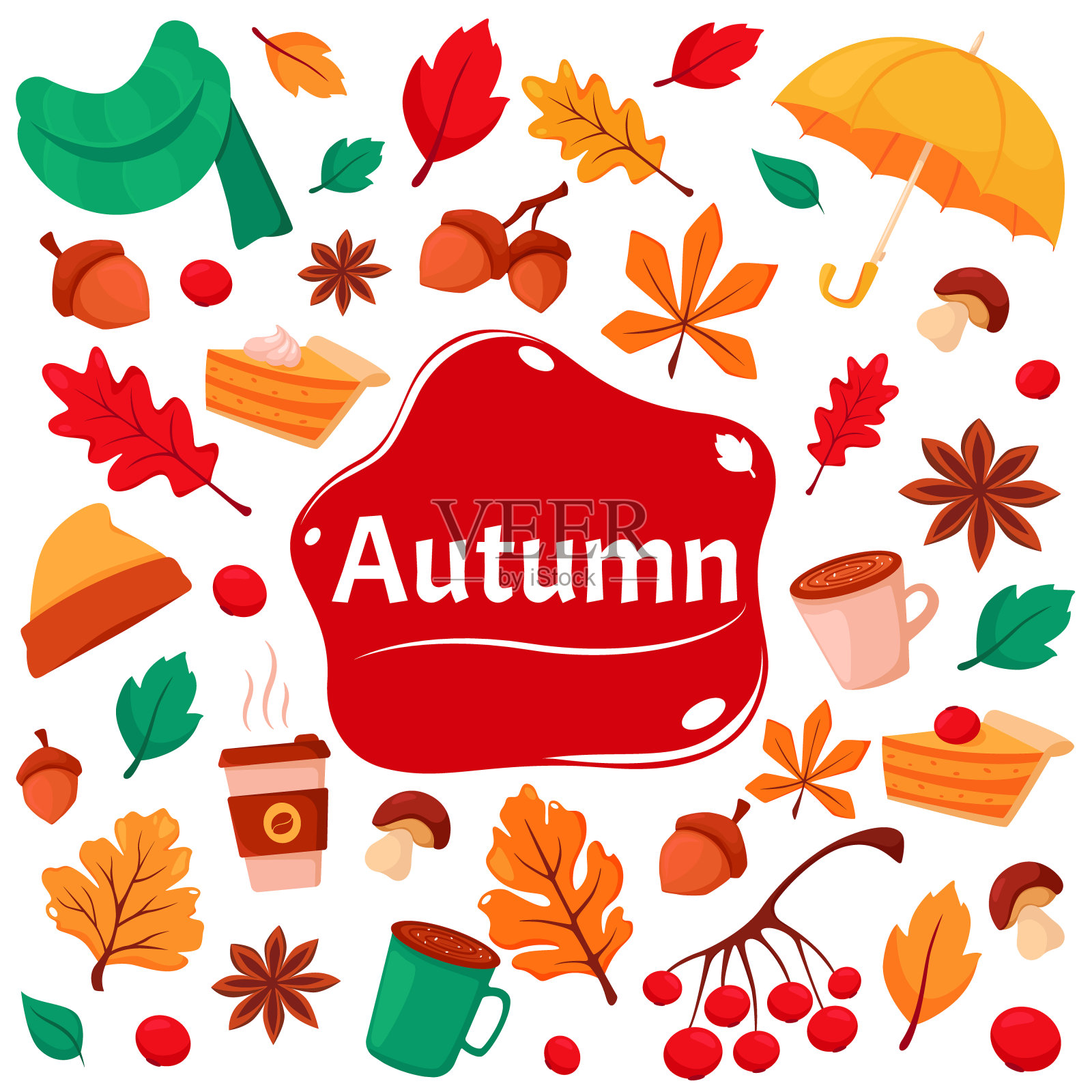 你好,秋天。秋元素:橡子、咖啡杯、秋叶、月桂果、荚蒾、围巾、南瓜派。插画图片素材