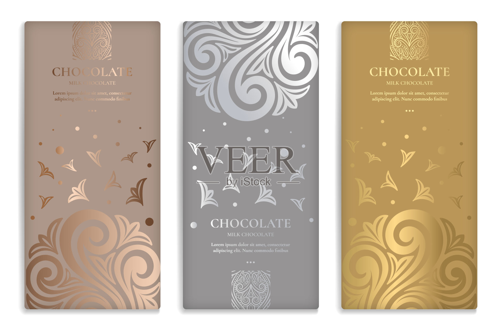 银和黄金古董套巧克力棒包装设计。向量豪华模板与装饰元素。可用于背景和壁纸。非常适合食品和饮料包装类型。插画图片素材