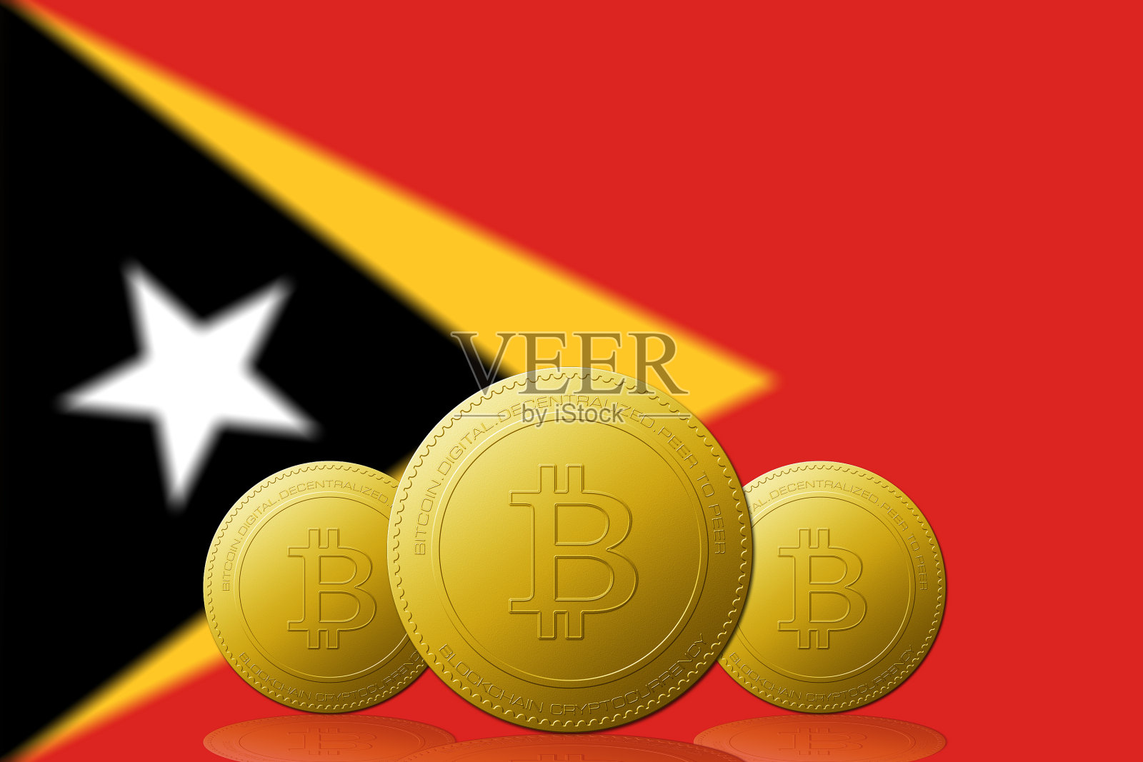 三种比特币加密货币，背景是东帝汶国旗。插画图片素材
