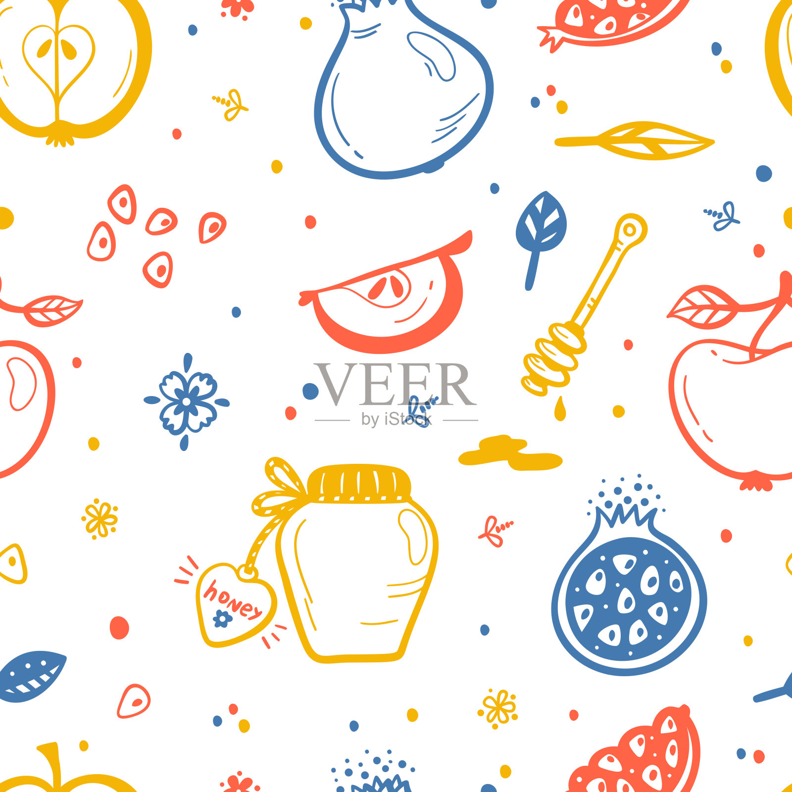 犹太新年假期。Shana Tova快乐。罗什哈沙那矢量无缝模式。手绘涂鸦水果重复的背景。采购产品石榴水果，苹果，蜂蜜罐，花和叶插画图片素材