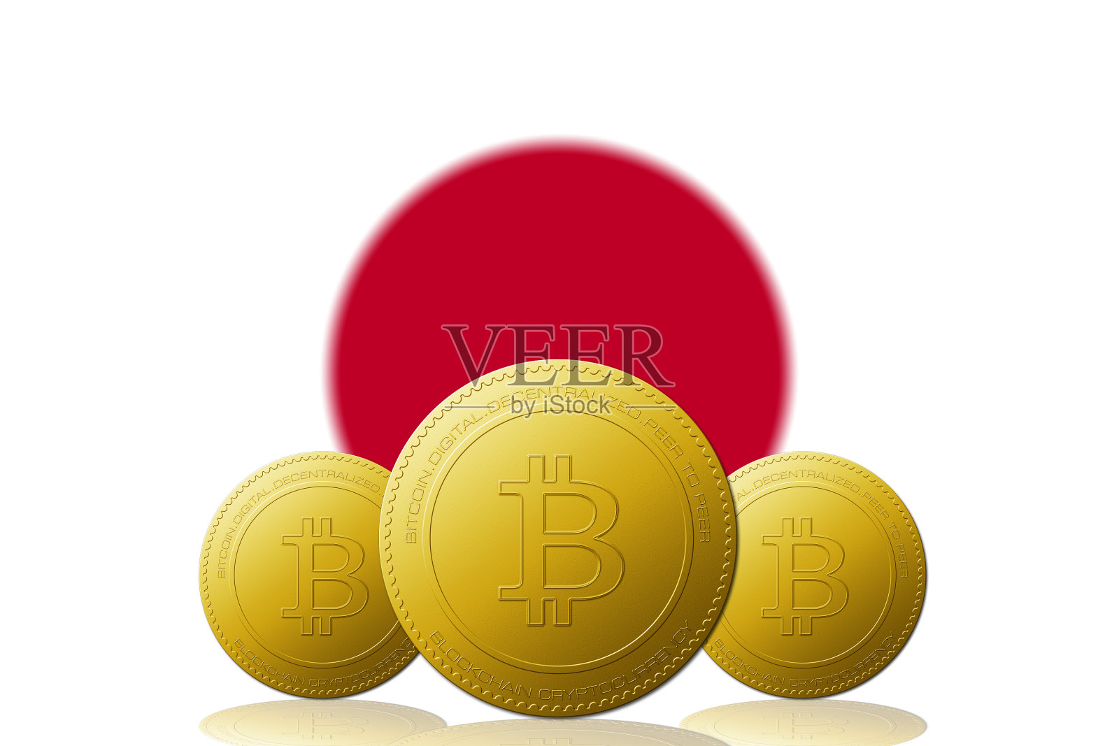 三种比特币加密货币，背景是日本国旗。插画图片素材