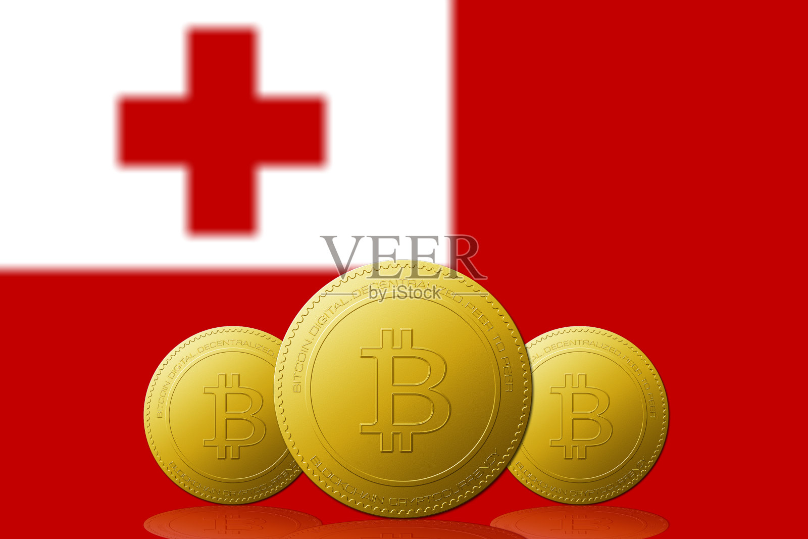 三种比特币加密货币，背景是汤加国旗。插画图片素材