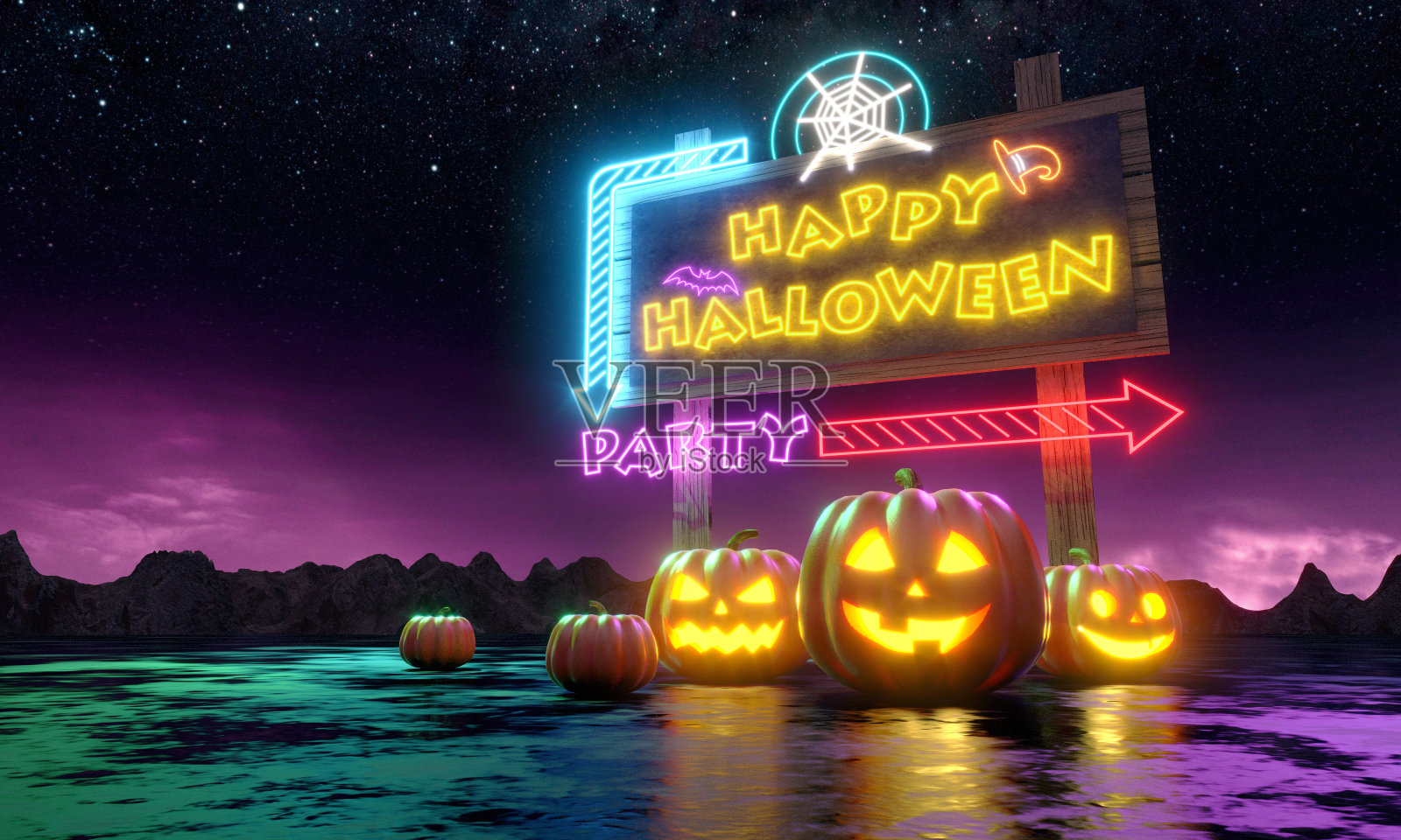 南瓜和霓虹横幅与有趣的派对邀请。夜空和群山。三维渲染照片摄影图片