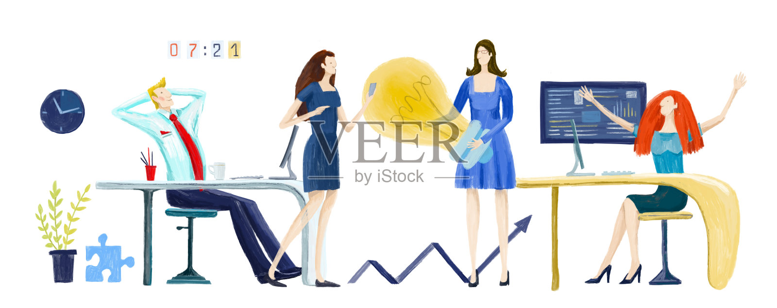 拿着灯泡的商人。新的想法，启动，目标思考，解决问题，找到解决方案，拼图的信息图。业务概念说明插画图片素材