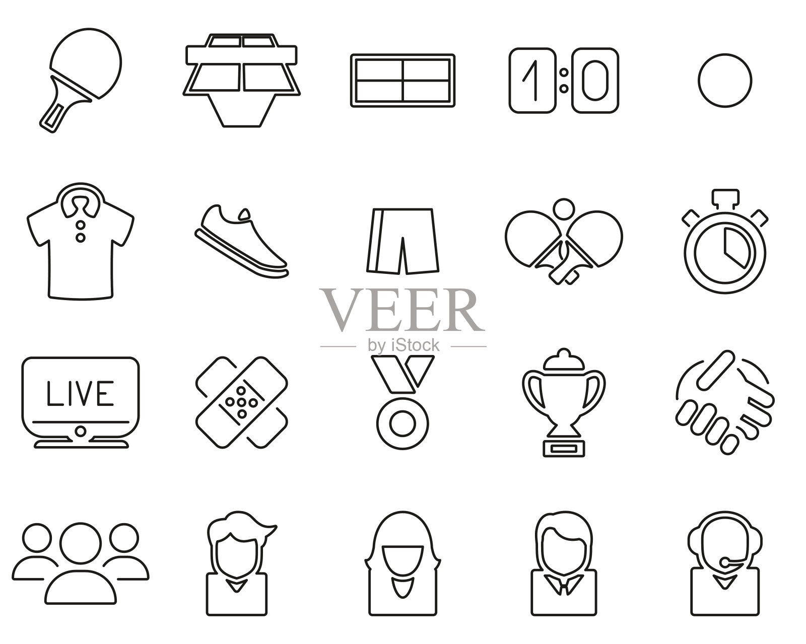 黑白细线乒乓球运动器材图标大全插画图片素材