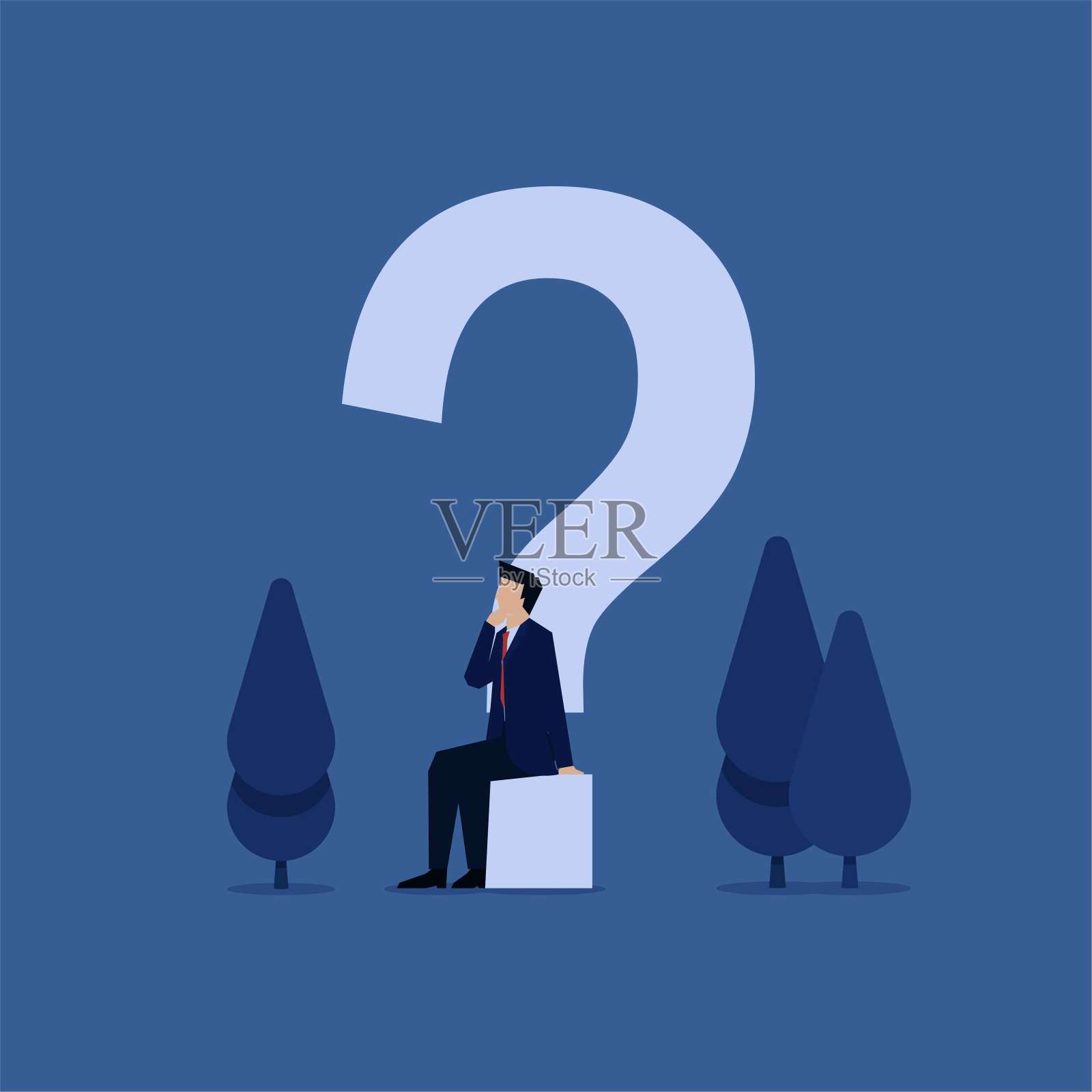 商业平面矢量概念商人坐在问号下面比喻创造性思维。插画图片素材