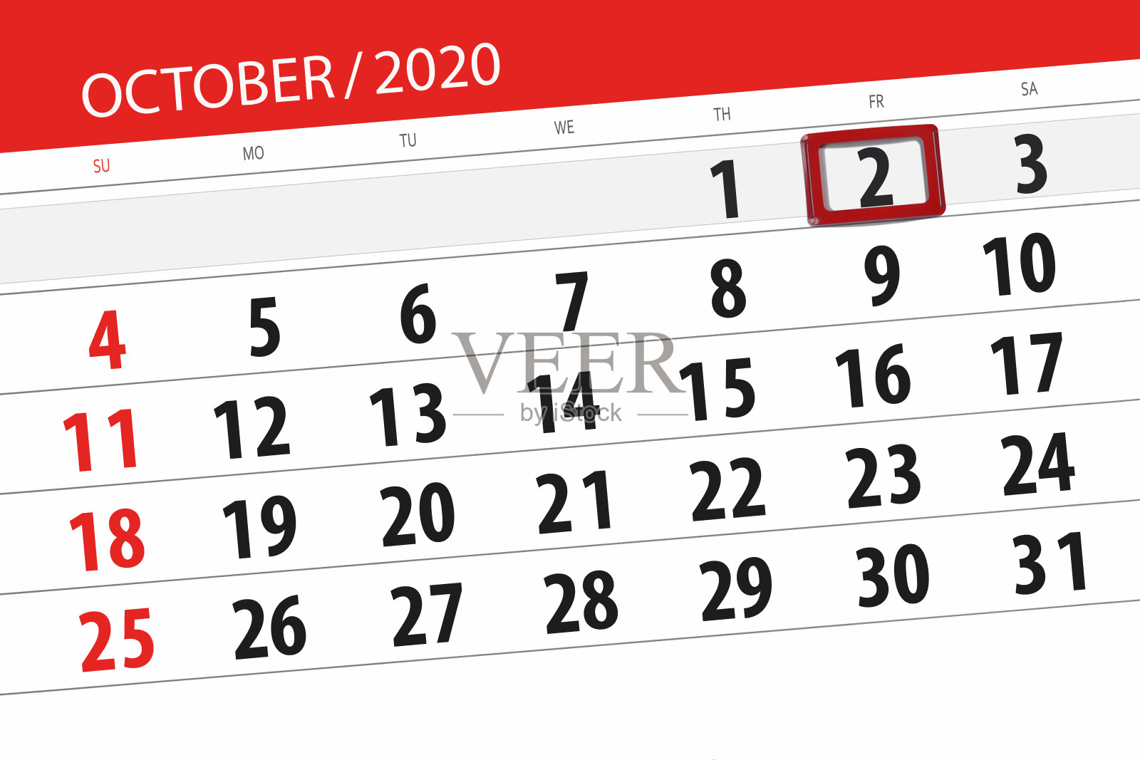 2020年10月的日历计划，截止日期，2日，星期五设计模板素材