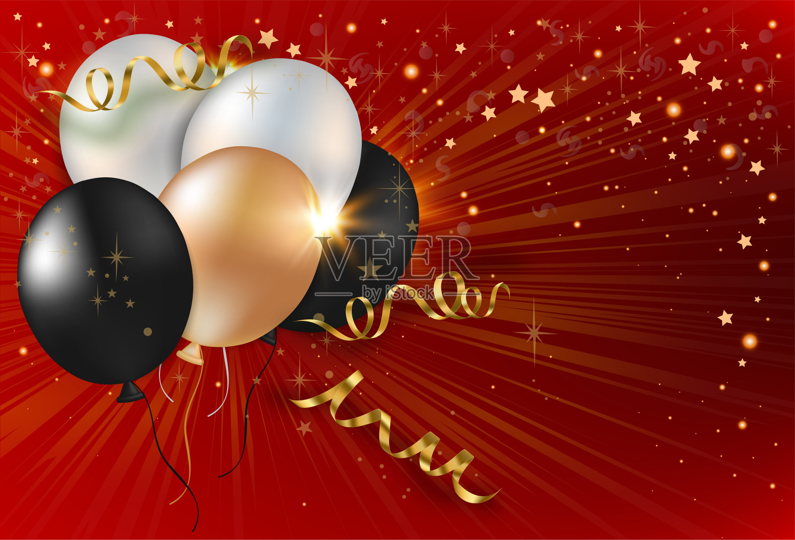 庆典设计背景与节日现实气球丝带和闪光的五彩纸屑。向量,插图,eps10。插画图片素材