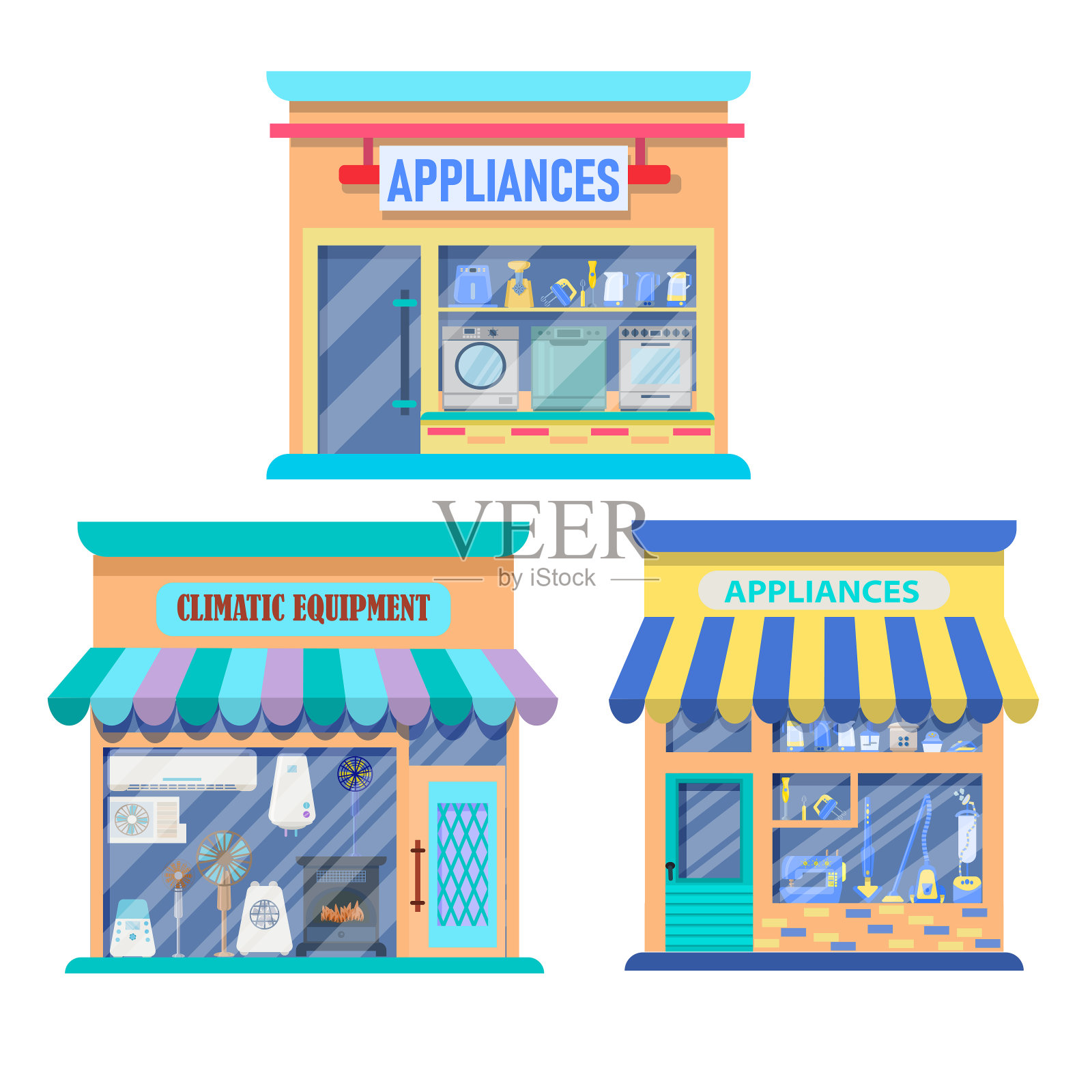 一套商店为家庭和气候设备。外立面的插图。在白色背景上孤立的商店立面集合插画图片素材