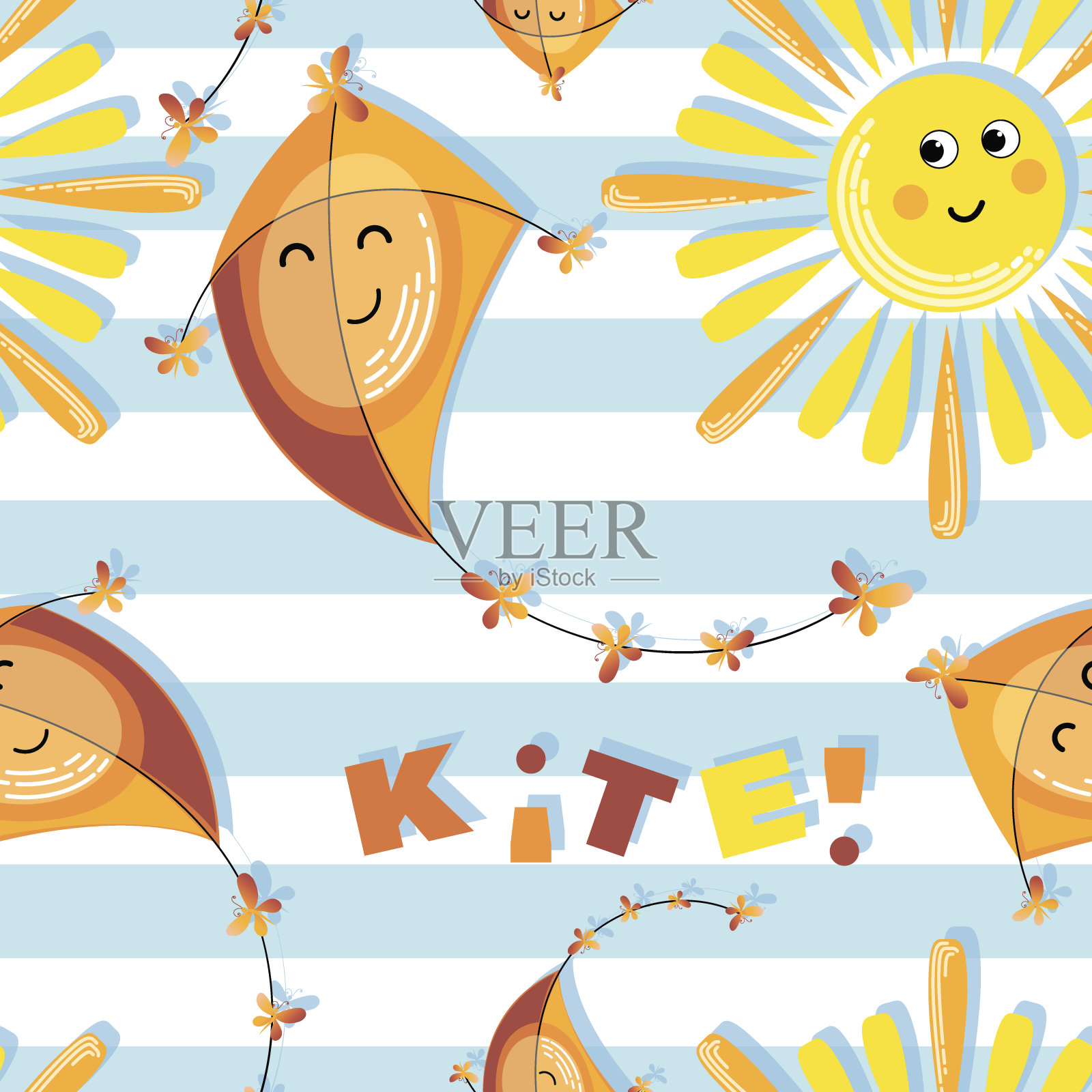 有趣的太阳，风筝。儿童的背景，图案。平的风格。背景是卡通人物。插画图片素材