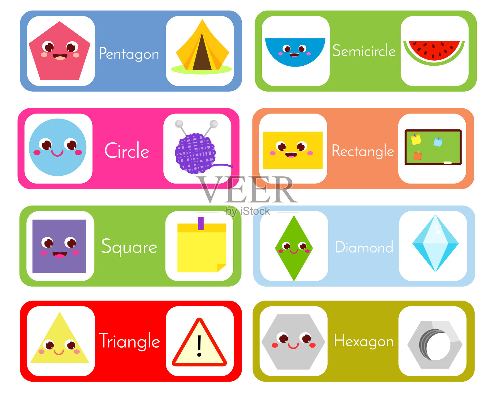 一套卡片的形式和物体。生命卡片中的几何形状。儿童和儿童的教育材料。插画图片素材