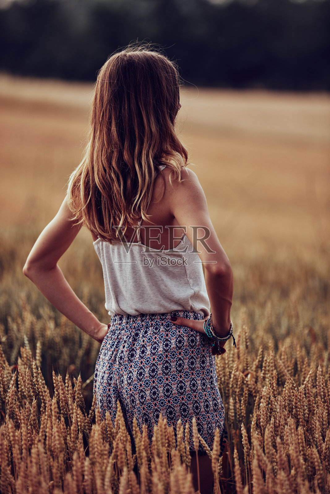 年轻女子在麦田里享受。照片摄影图片