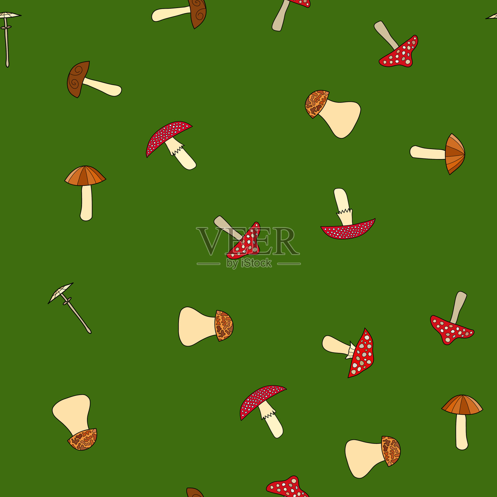 抽象矢量涂鸦蘑菇无缝模式插画图片素材