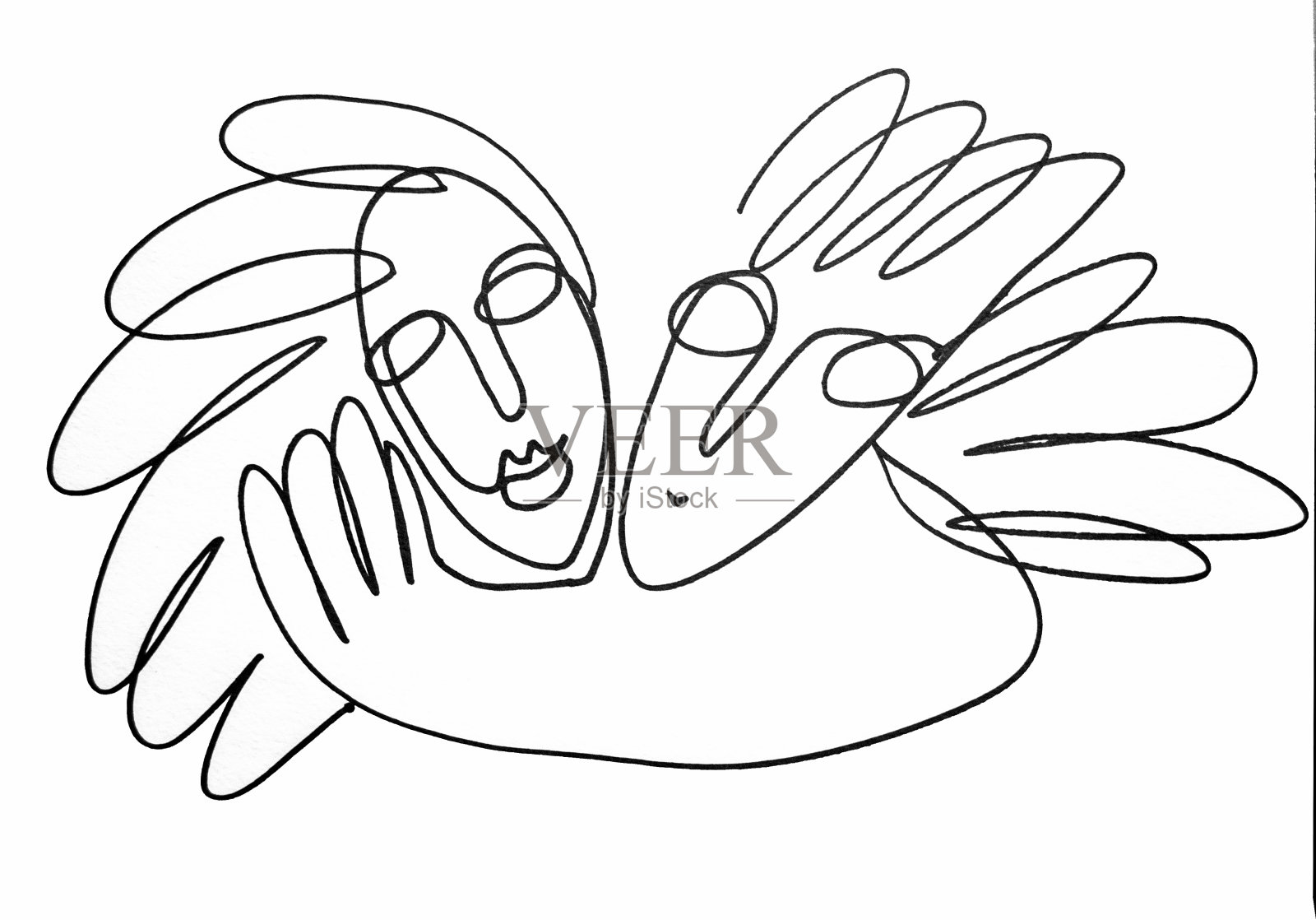 白色背景上的一对面孔的线性图形。插画图片素材