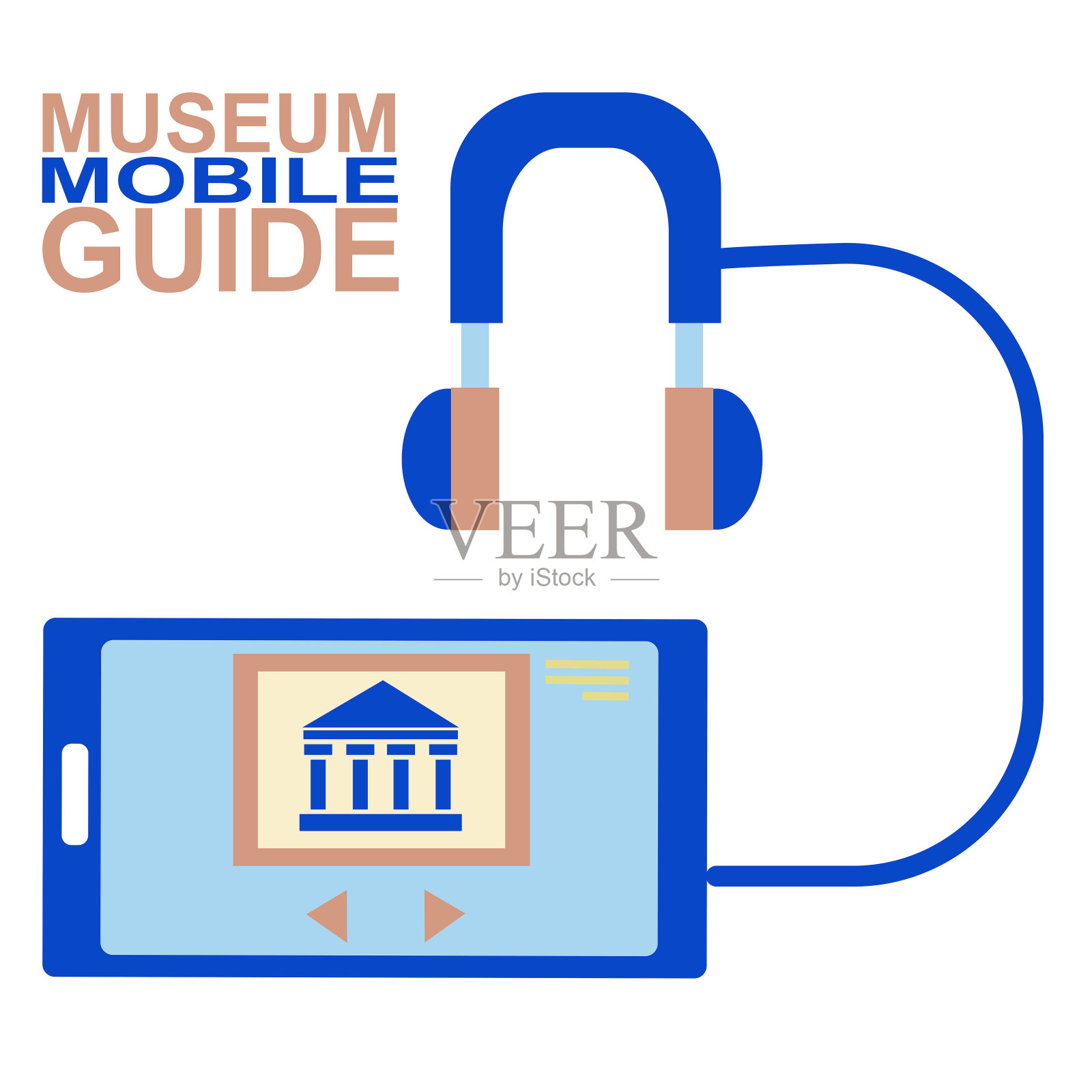 艺术博物馆流动指南。互动画廊游览。游客智能手机应用。在线参观博物馆。呆在家里。彩色矢量插图在平面风格。耳机和电话插画图片素材