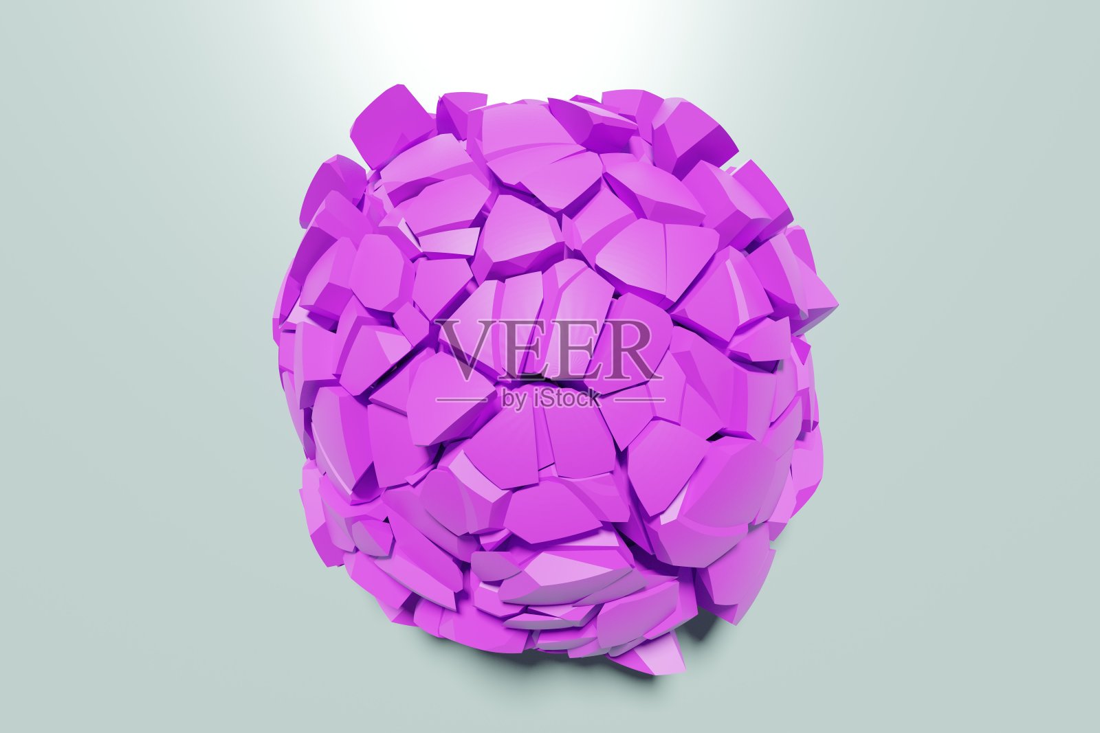 球在撞击后被撕成碎片。粉红色的裂缝的球体。三维渲染抽象几何形状。表面位移。从塑料球形状挤出的随机图案。3 d球体捣碎。照片摄影图片