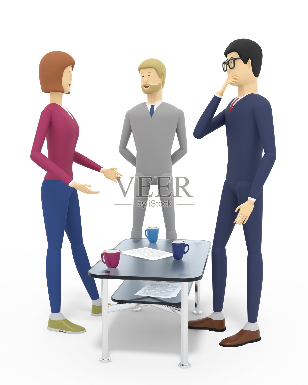 三个同事在休息时间讨论问题。白色背景。三维演示照片摄影图片