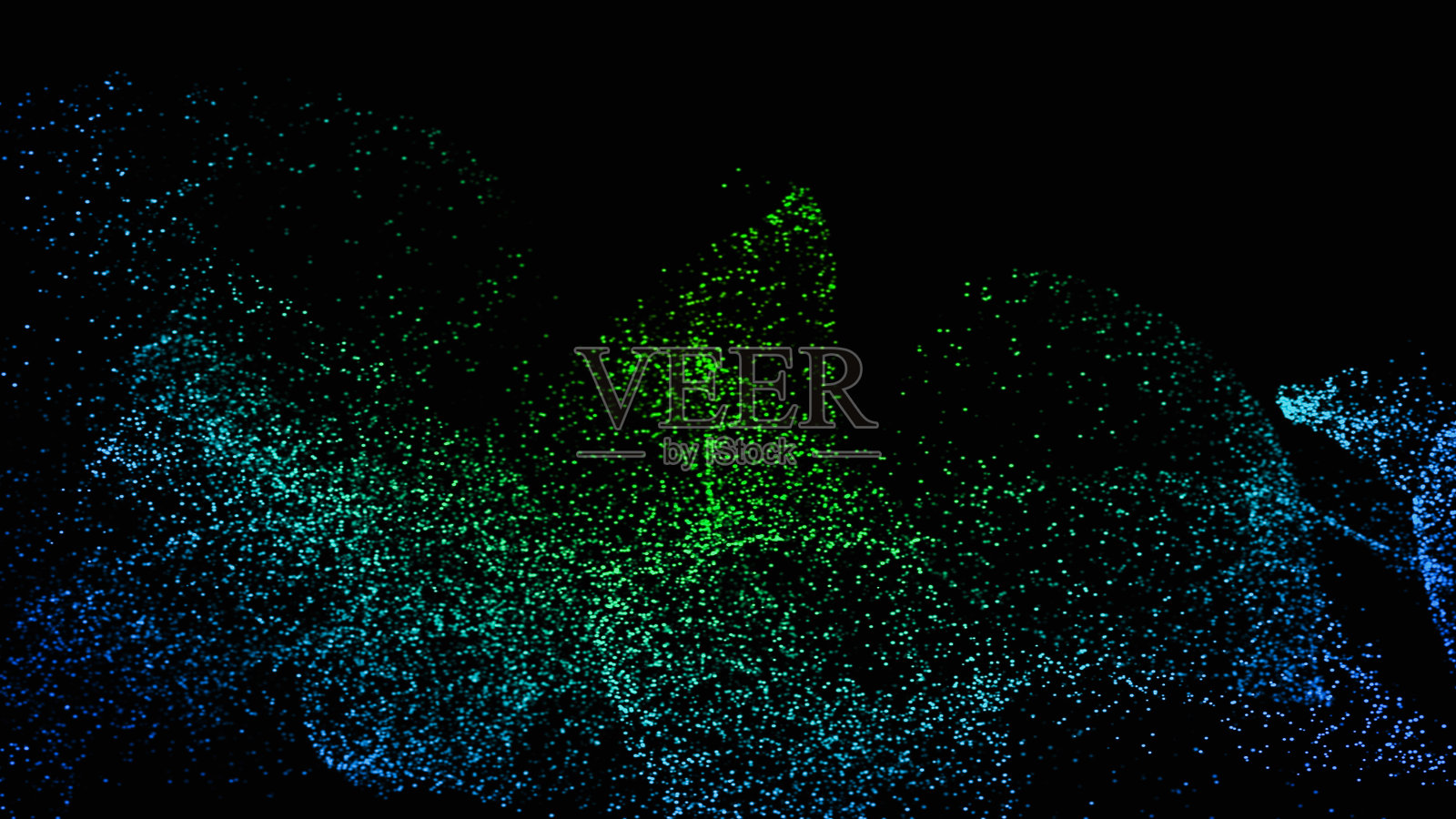 抽象蓝色和绿色彩色粒子波背景。黑色背景上的小圆点。复制空间，3D渲染照片摄影图片