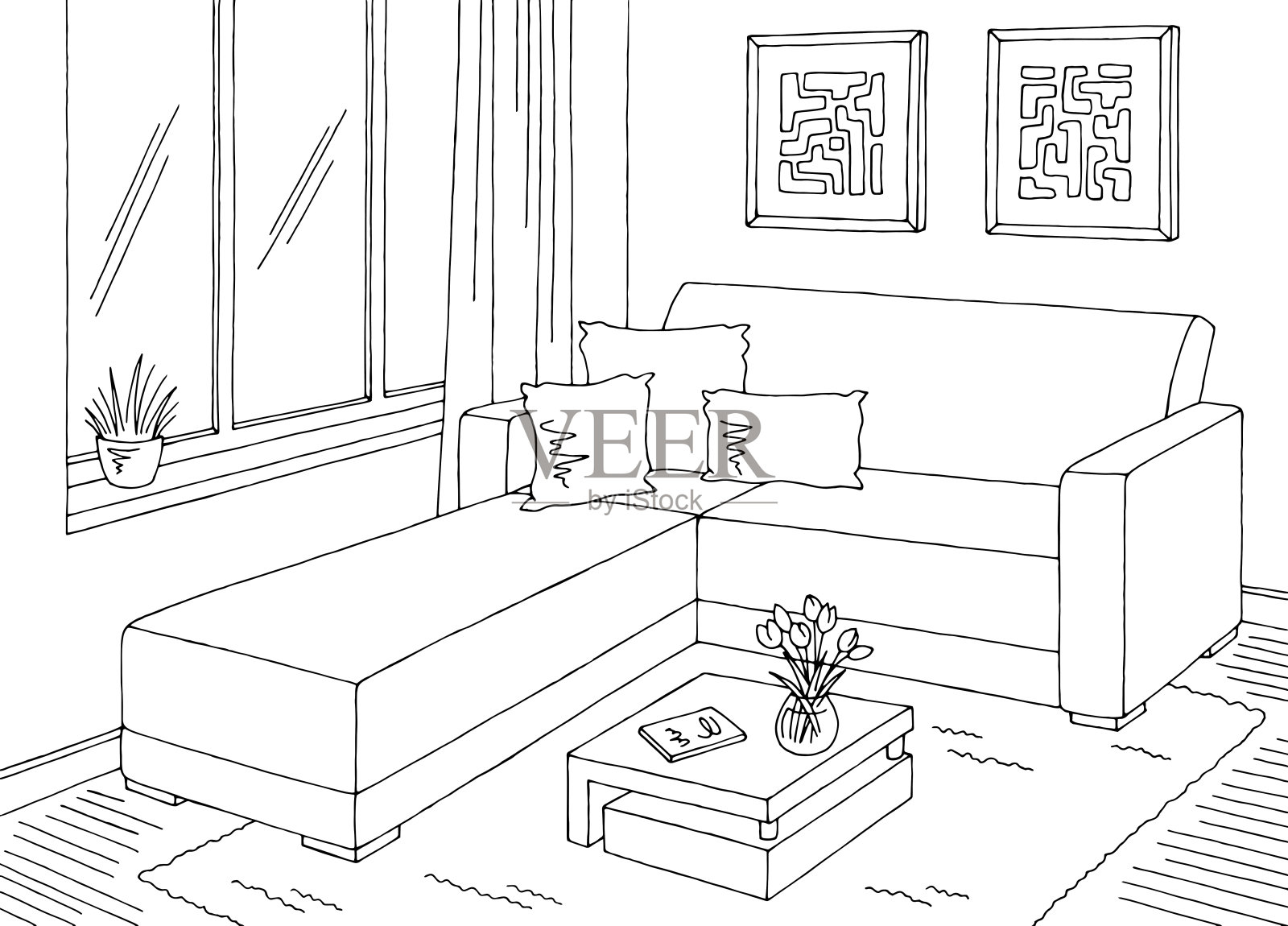 客厅图形黑白家居室内素描插图矢量插画图片素材