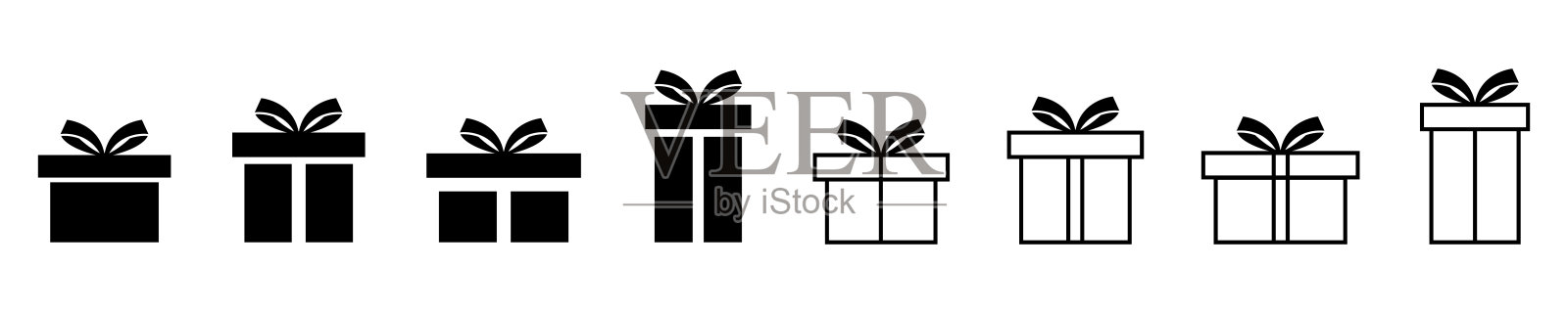 彩带礼盒收藏。圣诞礼物图标孤立的白色背景。图标素材