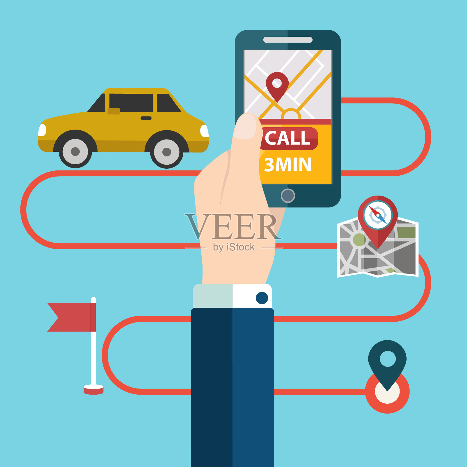 自动驾驶汽车的旅行布局。无人驾驶城市汽车移动应用正在使用中。未来的交通无人驾驶汽车服务插画图片素材