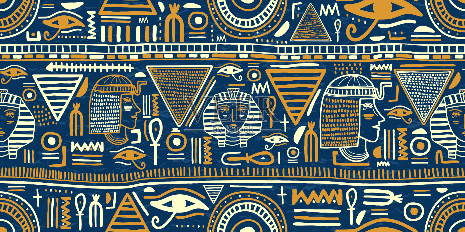 古埃及装饰部落无缝图案。部落艺术埃及复古民族轮廓无缝模式在蓝色和金色。民俗抽象重复的背景纹理。标志设计插画图片素材
