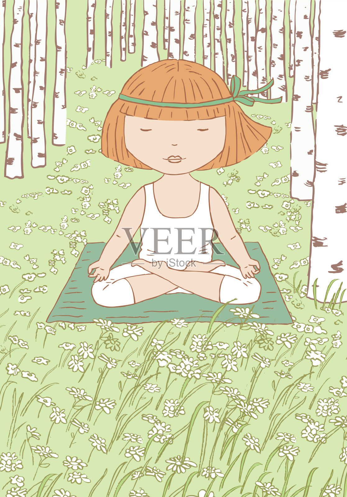 矢量插图的小女孩做瑜伽在草地上的桦树林插画图片素材