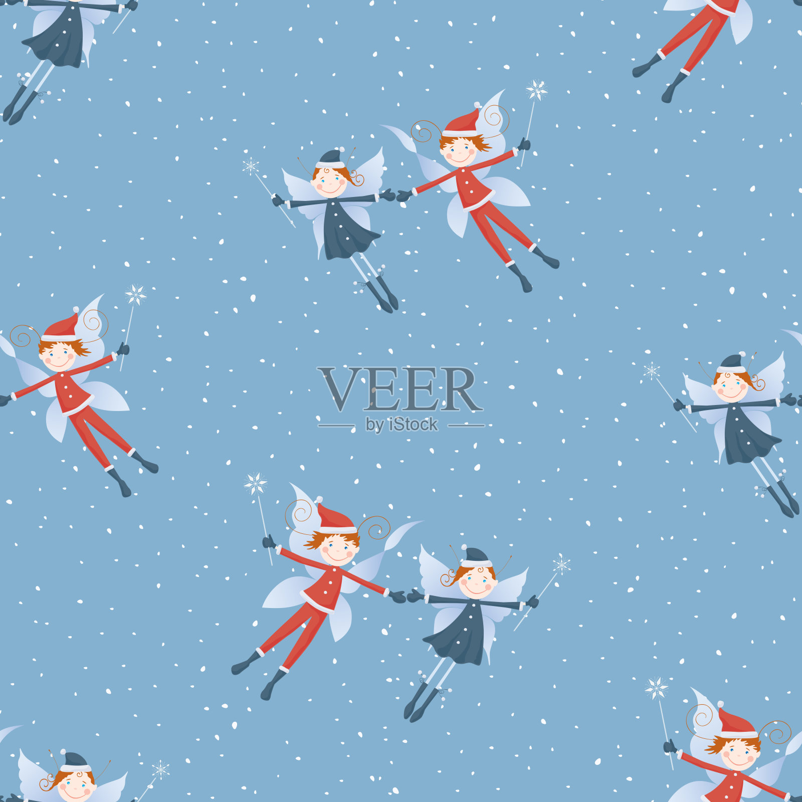 天衣无缝的情侣图案，欢快的精灵在十二月的雪花中飞翔插画图片素材