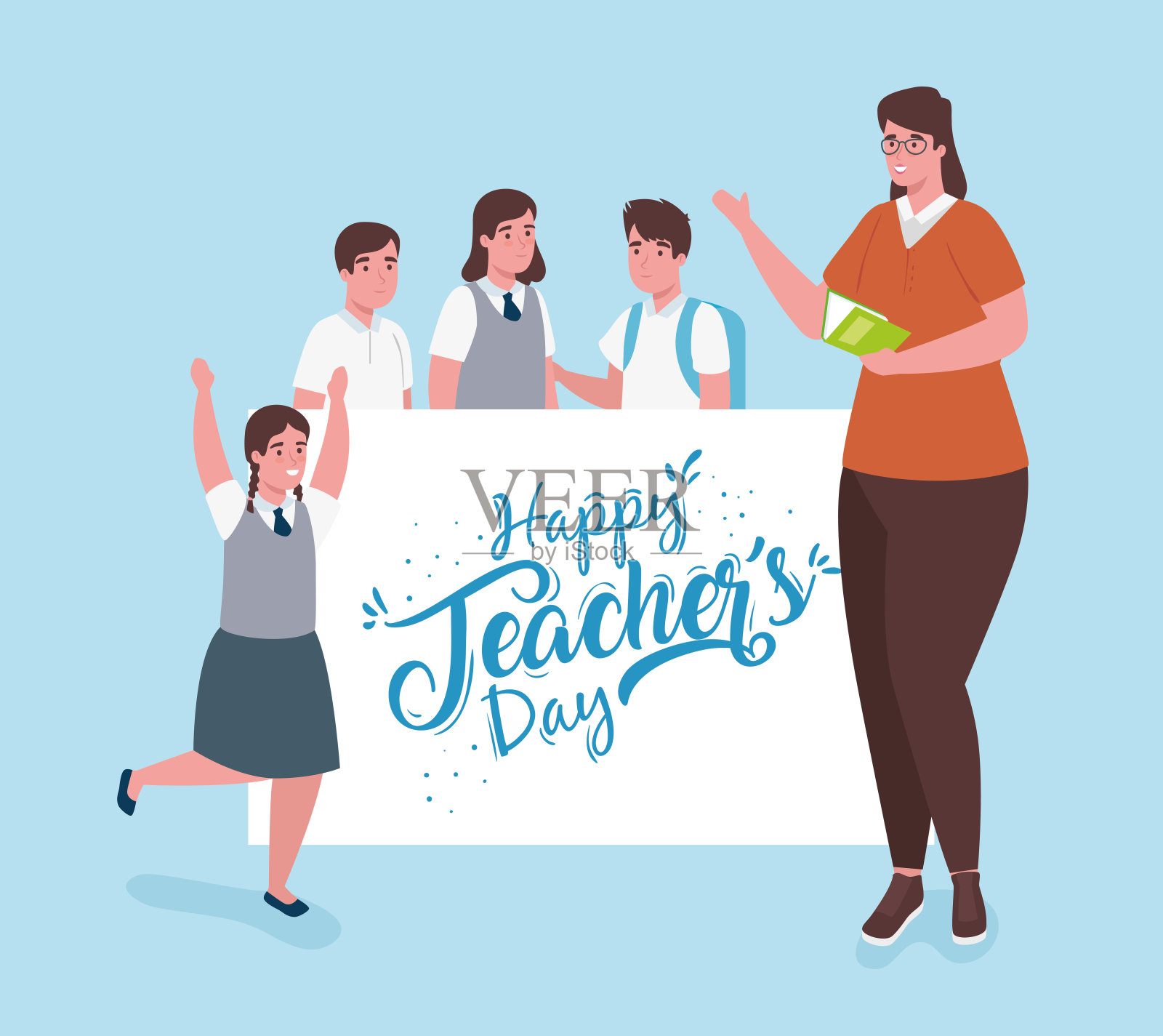 教师节快乐，伴女老师和群同学插画图片素材