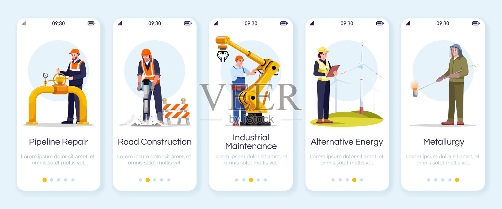 工程师登上移动应用程序屏幕矢量模板插画图片素材