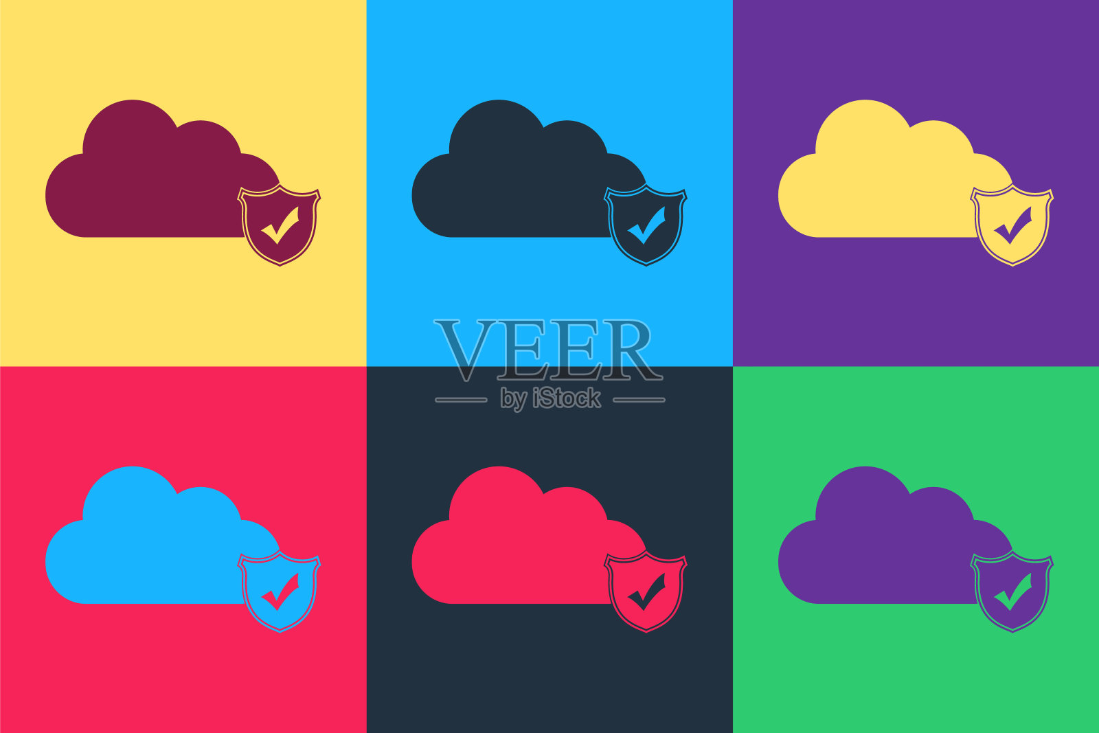 波普艺术云和盾牌与检查标记图标孤立的颜色背景。云存储数据保护。安全，安全，保护，隐私。向量图标素材