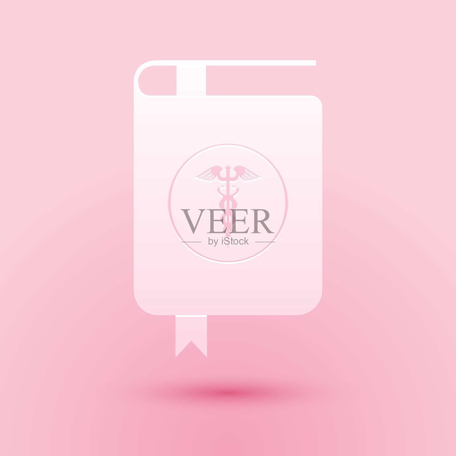 剪纸医学书籍和Caduceus医学图标孤立在粉红色的背景。医学参考书、教科书、百科全书。科学文献。纸艺术风格。向量插画图片素材