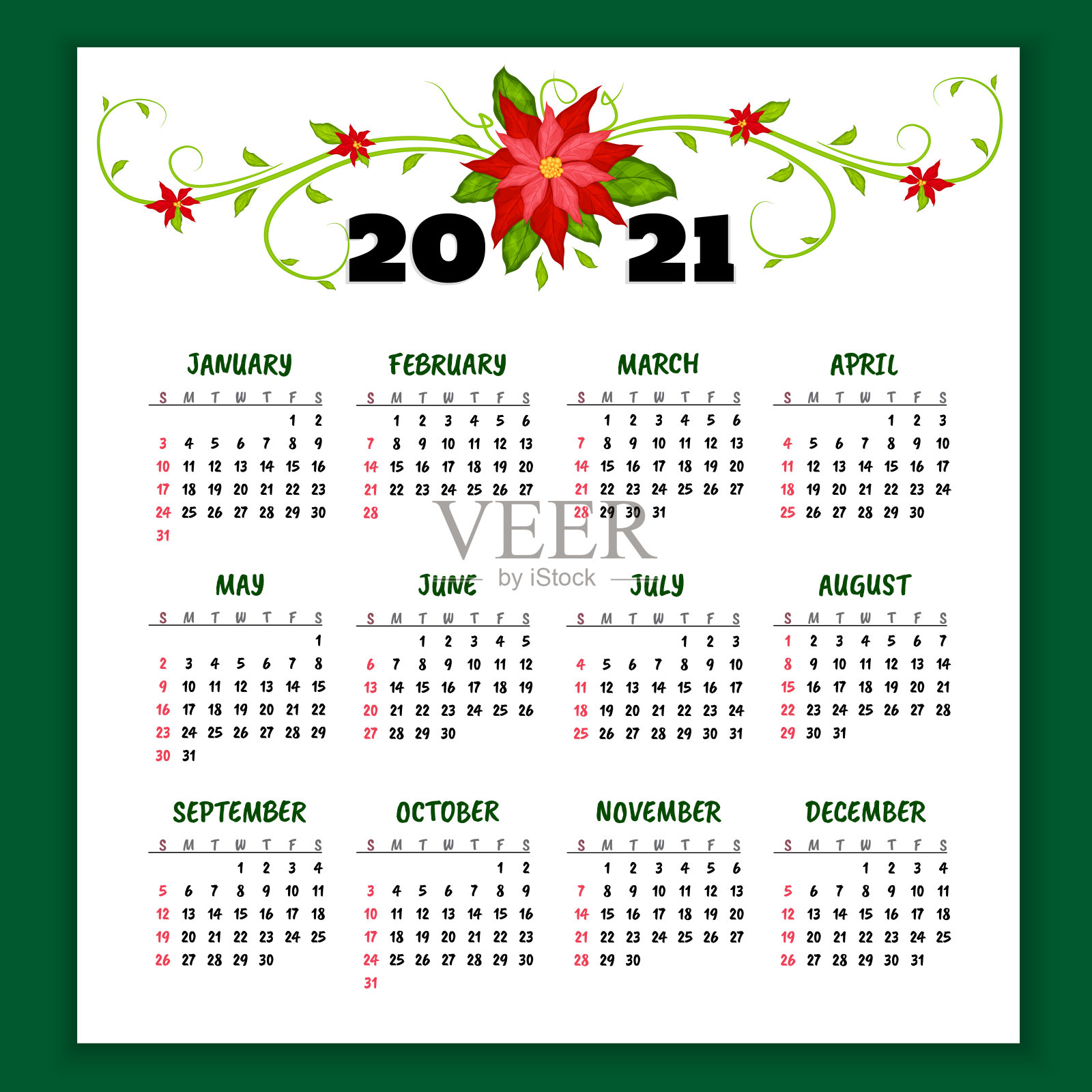 矢量日历2021年与一品红花。一周从周日开始设计模板素材