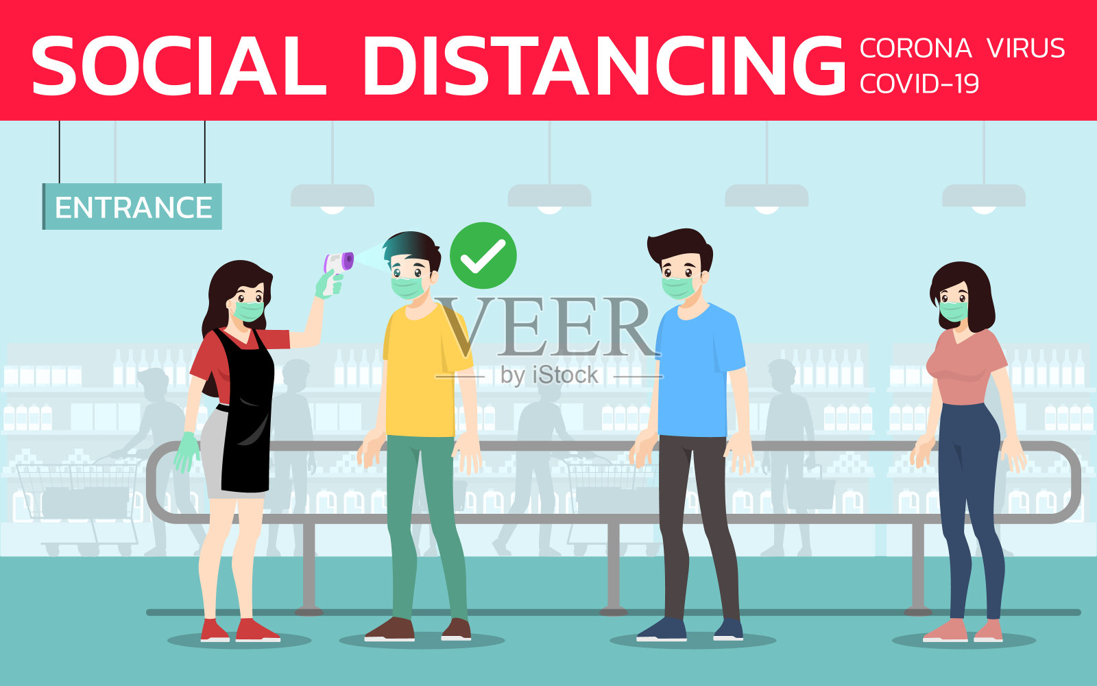 工作人员手持红外体温计检查顾客的体温，以证明顾客在超市是安全的。保持社交距离，让安全的人远离冠状病毒和covid-19预防。插画图片素材