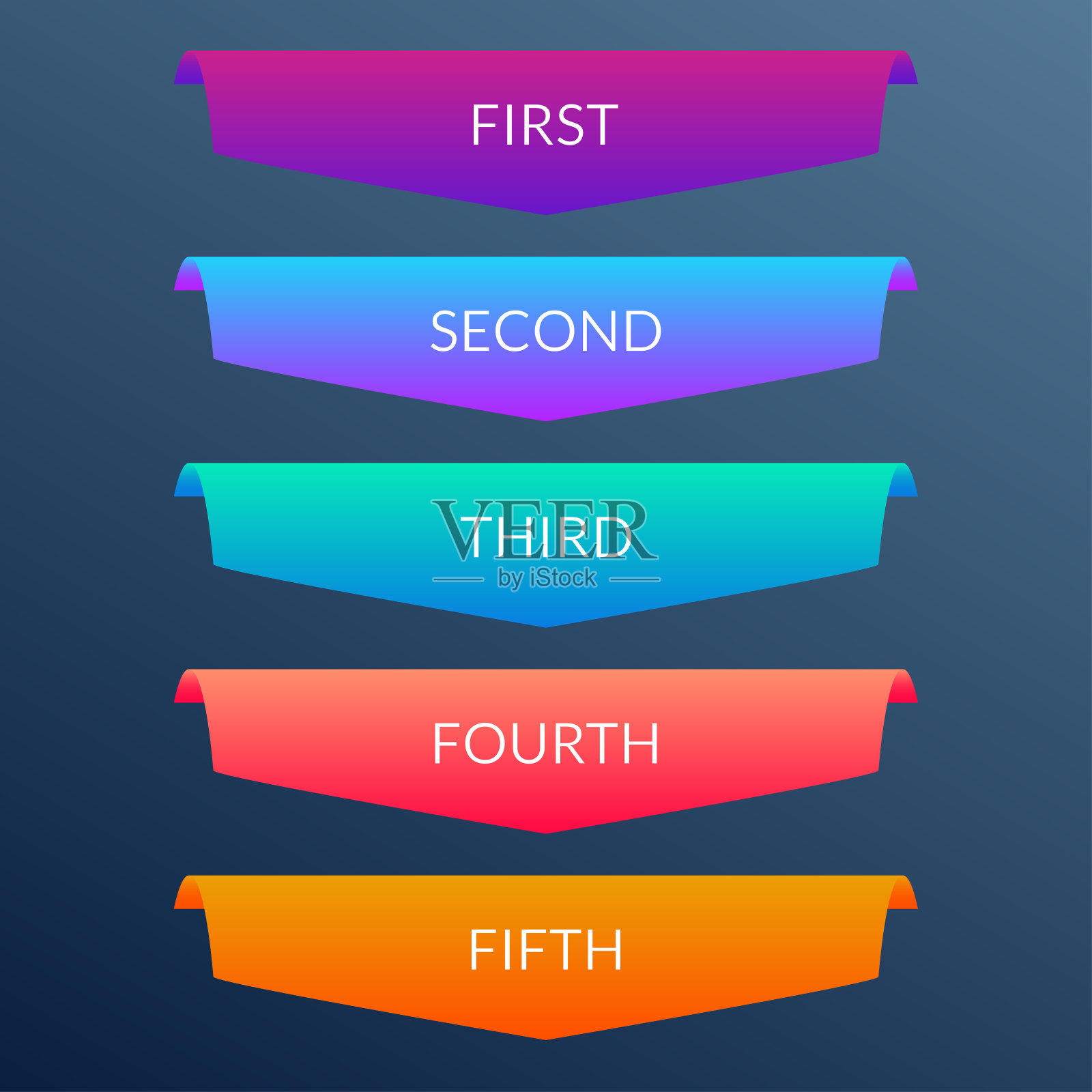 带有5条丝带的信息图表横幅。标签或标签设计5个选项，水平或步骤和文本空间。图形元素的网站，信息手册和业务演示。矢量插图。插画图片素材