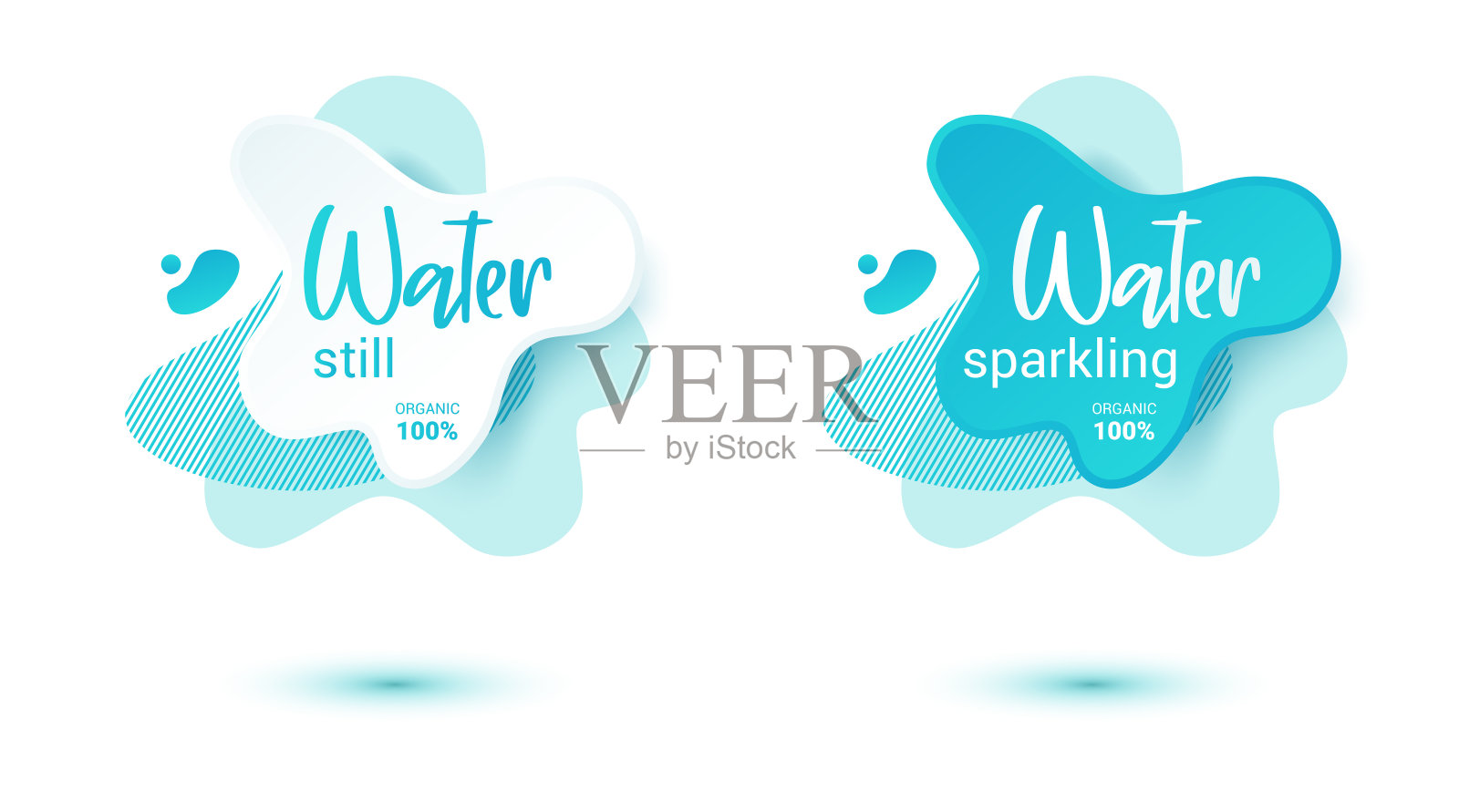 矿泉水标签。蓝色标签和贴标，带有网和打印标签的水滴。仍然和闪闪发光的水标签集。矢量插图为您设计插画图片素材