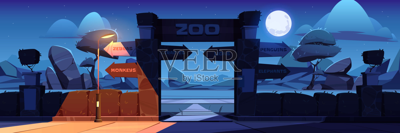 夜间动物园入口矢量图插画图片素材