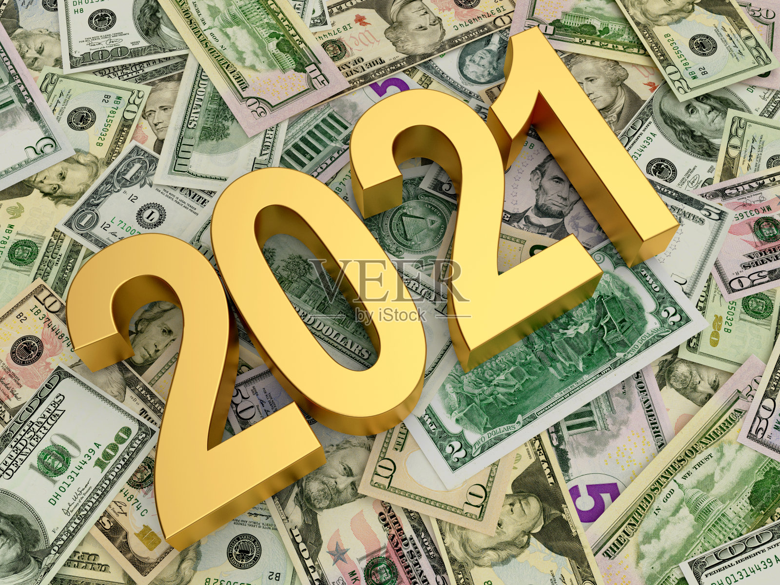 以美元为背景的2021年。照片摄影图片