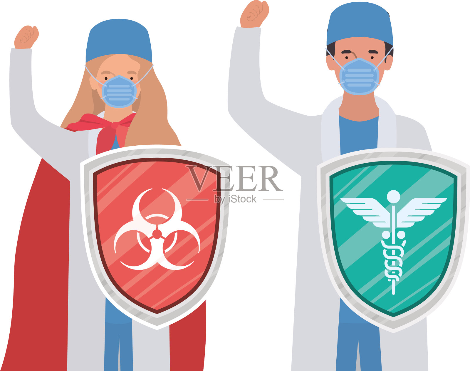 男男女女，医生英雄披风和盾牌插画图片素材