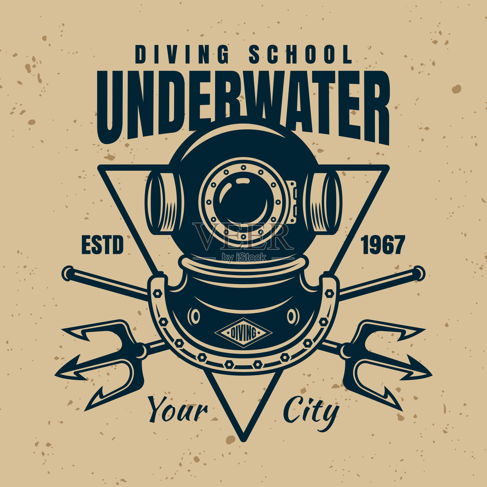 潜水学校矢量徽章，徽章或标签与标题水下孤立的背景与可移动的纹理插画图片素材