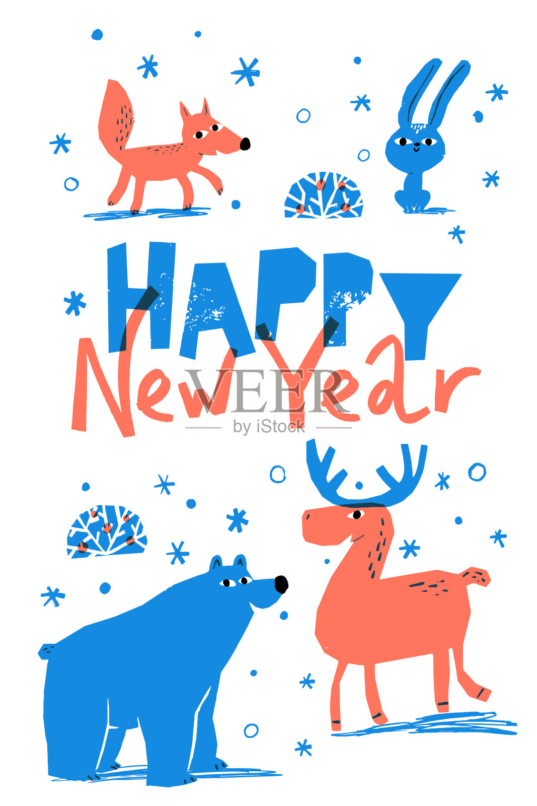 新年快乐矢量冬季海报与可爱的动物插画图片素材